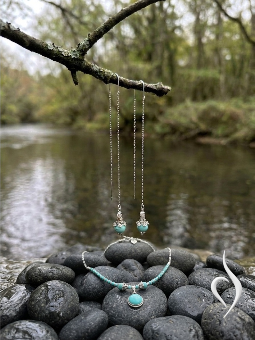 Turquoise & Amazonite Drop Necklace and Threader Earrings Set